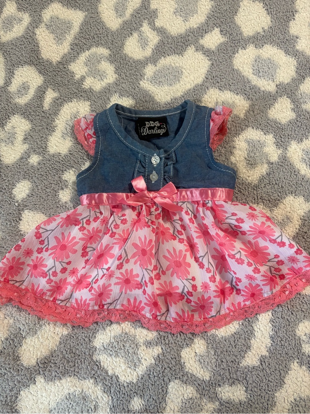 DDG Darlings Denim Babydoll Dress with Pink Floral Skirt and Satin Bow